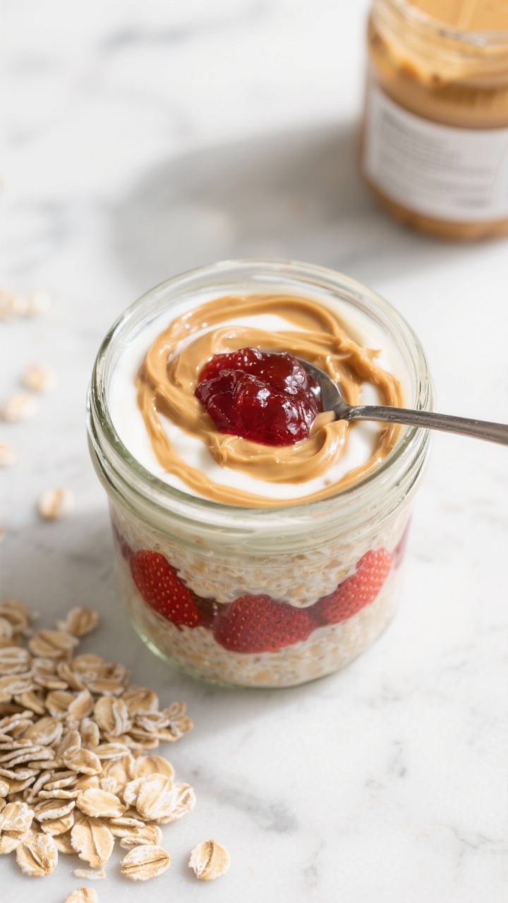 Overhead shot of a mason jar filled with peanut butter & jam overnight oats, showing distinct swirls of natural peanut butter and deep red strawberry jam through the glass; creamy base made from old-fashioned rolled oats, unsweetened almond milk, and plain Greek yogurt, topped with a glossy peanut butter drizzle and a small spoonful of jam; scattered raw rolled oats and a jar of natural peanut butter nearby on a light marble surface; soft morning light, shallow shadows, no people, professional food styling with a clean, nostalgic mood that evokes childhood but feels refined.