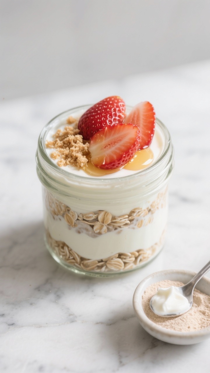 Overhead shot of creamy strawberry cheesecake overnight oats in a clear glass jar to showcase layers: rolled oats soaked in milk and vanilla protein, swirled with plain Greek yogurt for a cheesecake-like creaminess, topped with glossy sliced fresh strawberries, a sprinkle of crushed graham cracker-style crumbs, and a light drizzle of honey; cool-toned marble surface with a small bowl of vanilla protein powder and a spoonful of Greek yogurt off to the side; soft morning light, shallow depth of field, no people, professional clean styling.