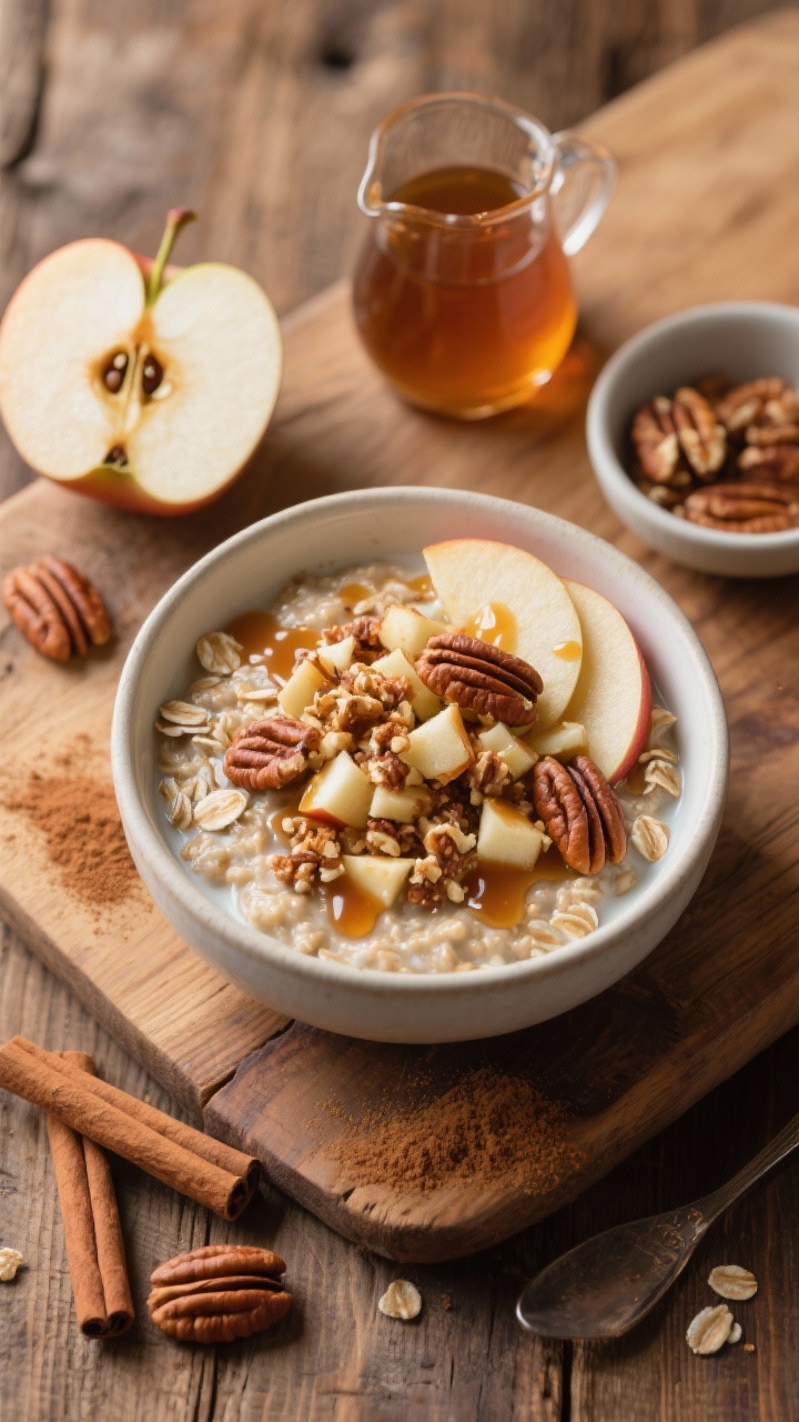 Rustic overhead ingredients-and-finish combo for Apple Pie Oats With Maple Pecan Crunch: a bowl of overnight oats made with rolled oats, milk of choice, unsweetened applesauce, and optional Greek yogurt for creaminess, topped with finely chopped half-apple pieces, toasted pecans, a maple syrup drizzle, and a dusting of cinnamon. Surround with raw ingredients neatly arranged—apple half with seeds showing, a small pitcher of maple syrup, a pinch bowl of cinnamon, and a handful of pecans. Warm, cozy lighting and a wood tabletop to evoke apple pie comfort; emphasize textures of the crunchy pecans and tender apple.