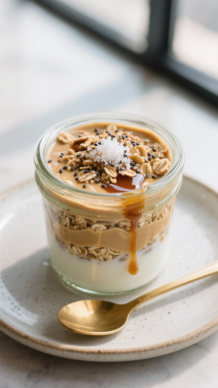 Straight-on cafe-style presentation for “Salted Maple Peanut Butter Crunch Oats”: a clear jar layered with rolled oats and milk, creamy peanut butter folded through, maple syrup mixed in and lightly drizzled on top, chia seeds speckled throughout, and a visible pinch of flaky sea salt; finished with a crunchy topping like toasted oats or crushed nuts to emphasize “crunch,” extra maple pooling on the rim; set on a small ceramic plate with a gold spoon, modern café vibe, bright window light, clean background, focus on the glossy maple, salt crystals, and contrasting creamy-crunchy textures.