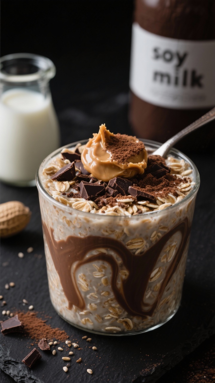 Straight-on close-up of Peanut Butter Cup Overnight Oats in a short tumbler, ultra-creamy with visible swirls of peanut butter ribboning through cocoa-infused oats. Ingredients included: rolled oats, milk (note a small carafe labeled “soy milk”), Greek yogurt, chia seeds, unsweetened cocoa powder, and a finishing sprinkle of mini dark chocolate shavings. Spoon swipe on the rim, peanut butter dollop on top, a dusting of cocoa, and a few chia seeds scattered on a matte black slate for contrast. Moody lighting to evoke dessert vibes, shallow depth of field, rich browns and nutty tones.