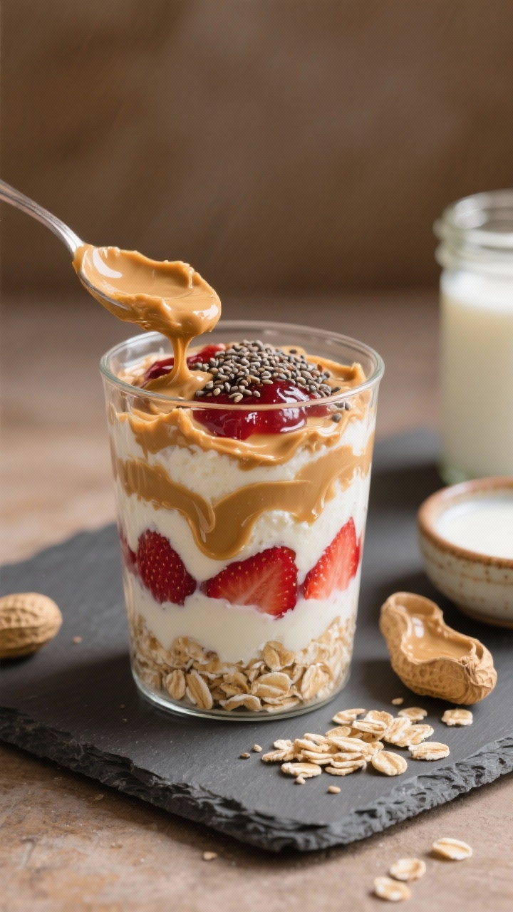 Straight-on close-up of Peanut Butter & Jam Power overnight oats layered in a clear tumbler: visible strata of rolled oats and cottage cheese soaked in milk of choice, marbled with ribbons of natural peanut butter and a jewel-toned strawberry jam swirl, sprinkled with chia seeds on top. A spoonful of drippy peanut butter rests on a small ceramic dish beside a jar of jam; a splash of milk and a few rolled oats on a matte slate board. Warm, cozy tones, shallow depth of field highlighting the sticky peanut butter sheen and chia speckles, no people.