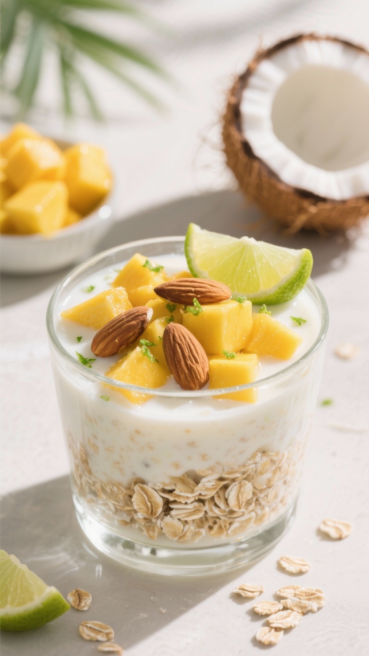 Straight-on close-up of Tropical Mango Coconut Oats With Lime and Toasted Almonds in a chilled clear glass: rolled oats soaked in light coconut milk, folded with coconut or plain yogurt for a silky base, generously studded with juicy diced ripe mango. Garnish with toasted sliced almonds, fresh lime zest, and a thin lime wheel on the rim. Place a cracked-open coconut piece and a small bowl of extra mango cubes in the background with soft tropical daylight. Vibrant, high-saturation color grading to highlight sunny mango yellows, creamy whites, and bright green lime notes.