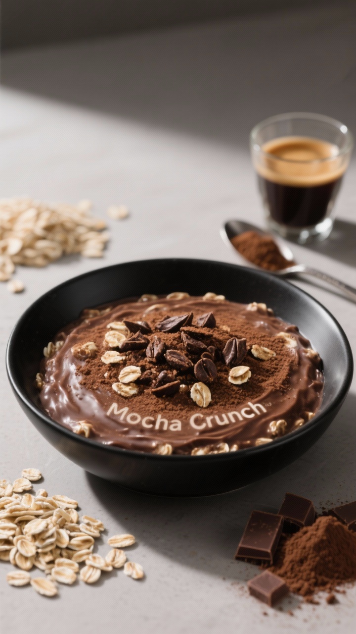 Straight-on shot of “Mocha Crunch” oats for coffee lovers in a matte black bowl: chocolate-coffee oats with a subtle ripple of cocoa, topped with espresso powder dusting and a crunchy garnish like cocoa nibs for texture. Include a small glass of cooled strong brewed coffee and a spoonful of instant espresso powder alongside rolled oats and chocolate protein powder staged as ingredient cues. Clean, modern coffeehouse vibe with directional light, emphasizing the mocha color gradient and crunchy toppings; neutral backdrop to make the deep coffee-chocolate tones pop.