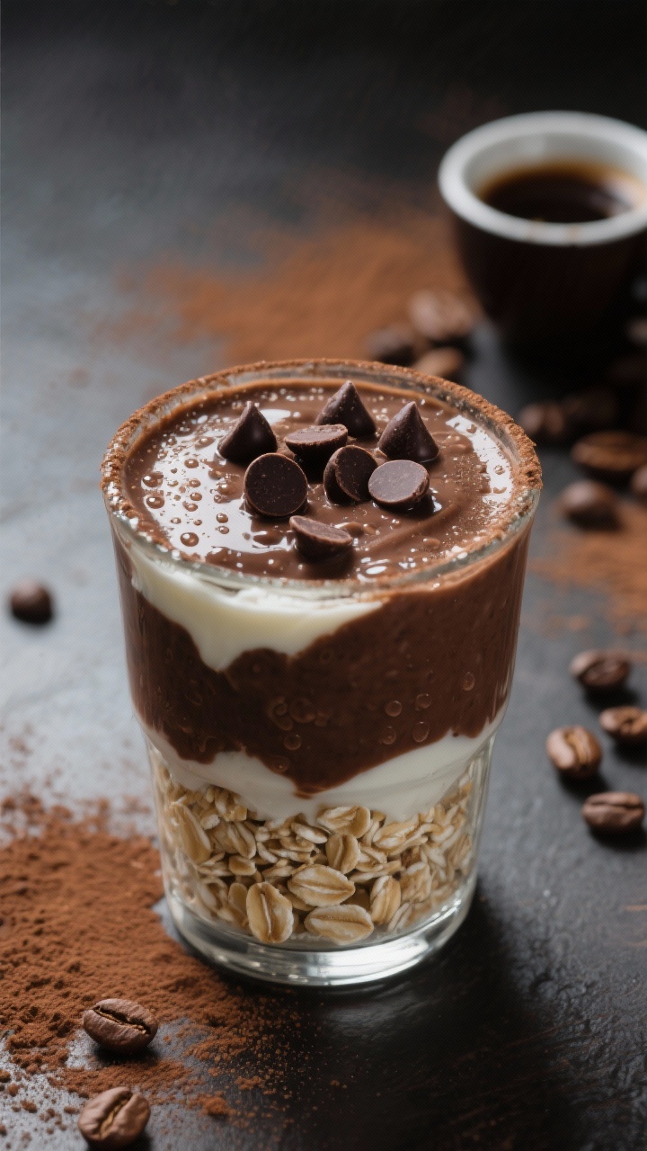 Tight close-up of Mocha Chip Protein Overnight Oats in a low glass tumbler: layered old-fashioned rolled oats soaked in unsweetened almond milk and cooled brewed coffee (deep mocha hue), folded with nonfat plain Greek yogurt for creaminess, and studded with mini dark chocolate chips on the surface. Micro-condensation on the glass, a small espresso cup and scattered coffee beans behind, subtle cocoa powder dusting on the rim. Moody, café-style lighting with rich contrast to showcase the glossy chocolate chips, silky oat-yogurt texture, and energizing coffee tone.