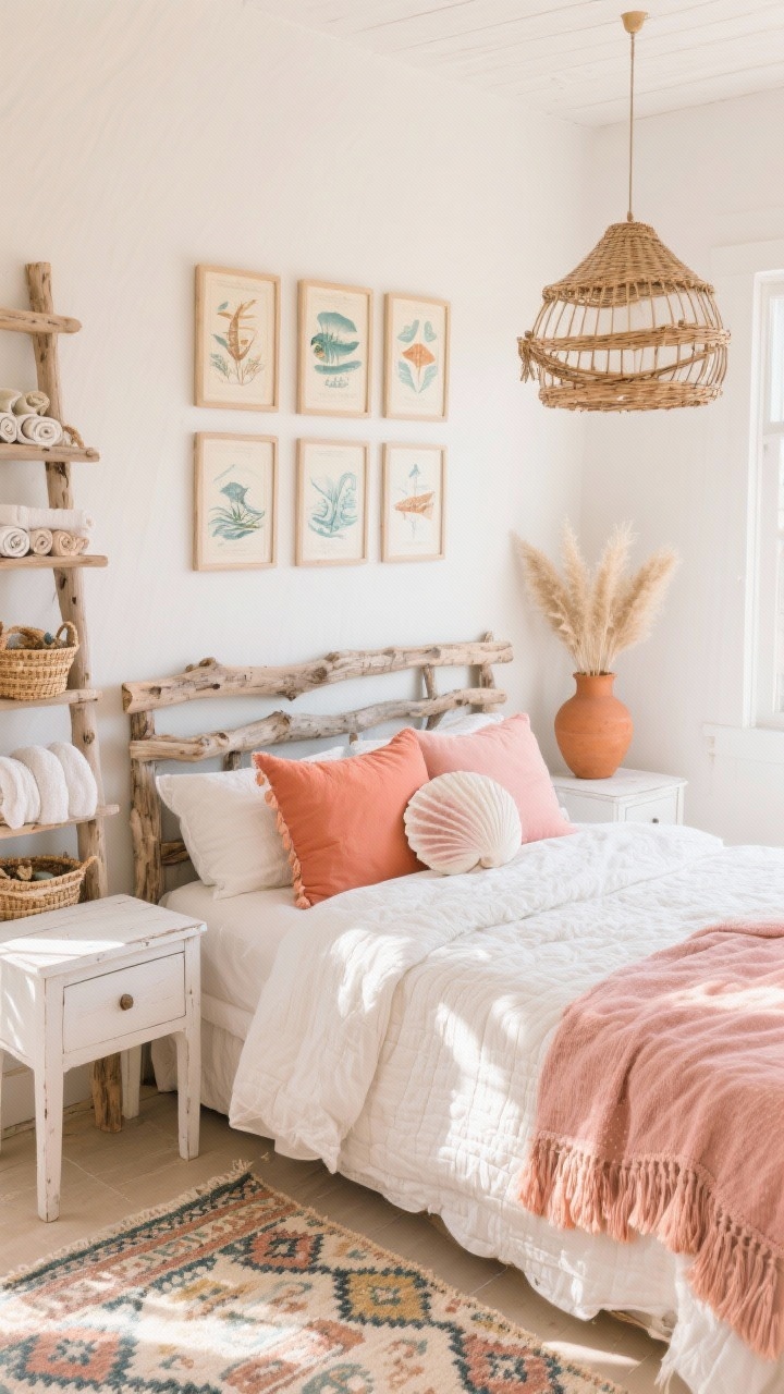 Corner-angle, sunlit wide shot of a bright coastal boho bedroom: sand white walls, reclaimed driftwood headboard with weathered texture; bed piled with cotton quilts and tassel pillows in coral, cantaloupe, and shell pink; whitewashed nightstands; woven pendant light like a fisherman’s basket; ladder shelf holding rolled towels and baskets of beach finds; patterned kilim rug adding texture and color; framed vintage sea life illustrations arranged above the bed; simple terracotta vase with pampas grass; natural daylight, airy and cheerful, photorealistic.