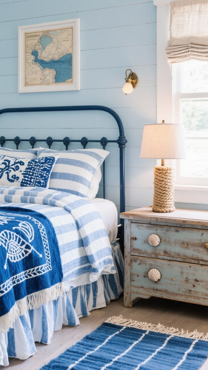Detail closeup, Coastal Boho Cottage Blue-and-White: A tight vignette of a painted iron bed in soft navy with blue-and-white striped duvet, block-printed throw layered at the foot, and embroidered shams. Beside it, a skirted nightstand with a rope-wrapped table lamp casting a warm bedside glow. In frame, the edge of a weathered pine dresser with ceramic shell knobs. Background hints of pale sky-blue wall or white beadboard. A blue dhurrie rug with thin white stripes peeks underfoot. On the wall, a simple frame with indigo-dyed textile and a vintage coastal map. Roman shades in natural linen soften light; a woven wall sconce glows in the periphery. Photorealistic, bright and timeless.