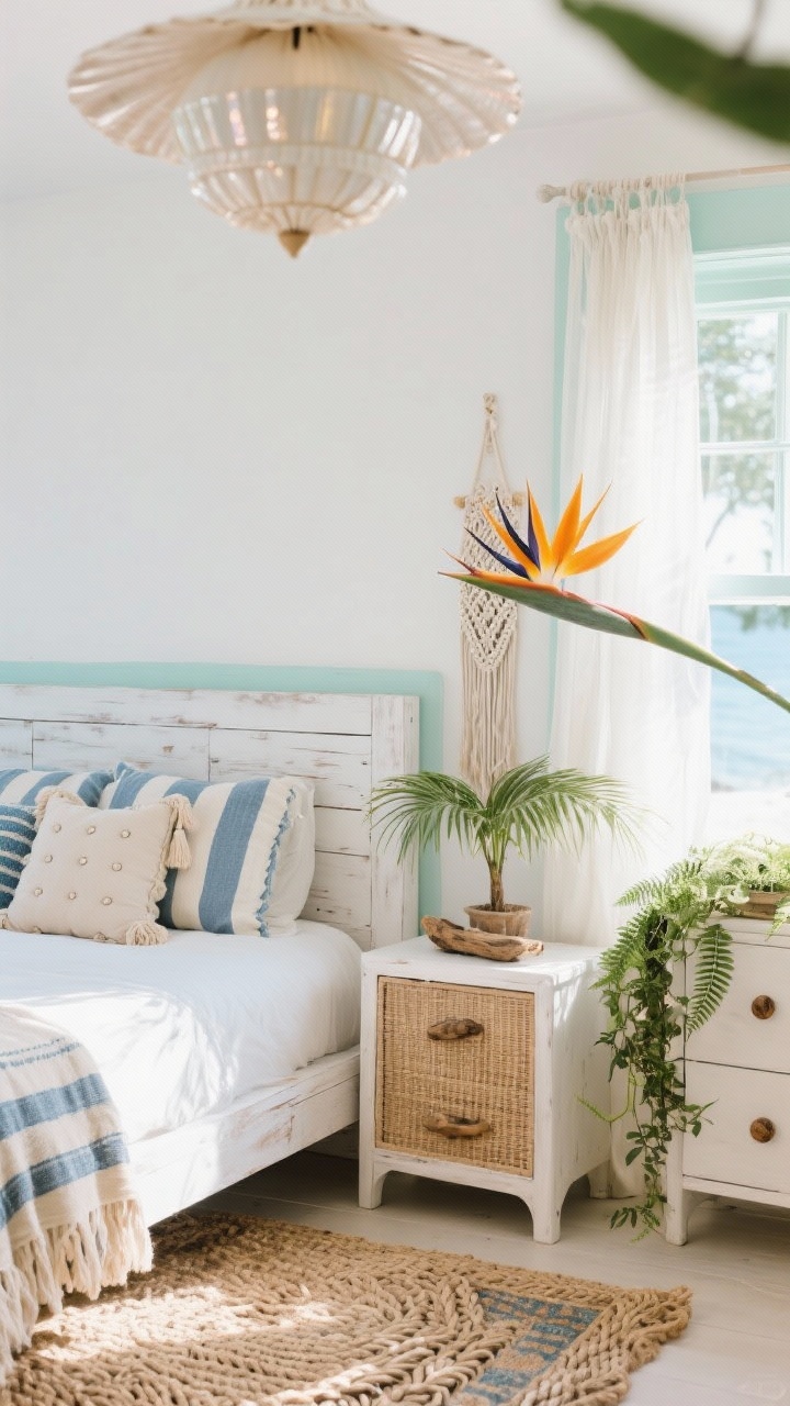 Detail closeup: Coastal Boho Retreat textures captured near a sunlit window. Soft white wall with a pale seafoam accent edge and gauzy curtains diffusing light. A whitewashed wood bed corner with crisp percale sheets and a blue-and-cream striped coverlet; pillows with tufting and tassels. Nearby cane-front nightstand with driftwood knobs, a small parlor palm by the dresser edge, fern clusters, a trailing ivy in a macramé hanger, and a bird of paradise leaf entering frame for height. Capiz shell pendant softly shimmering out of focus, Turkish throw and braided jute rug textures visible. Photorealistic, bright airy daylight, shallow depth of field, no people.