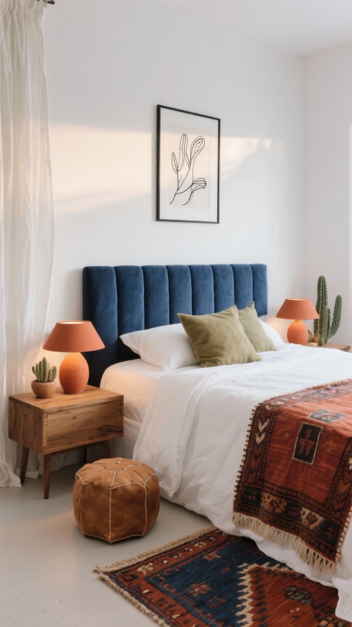 Detail closeup, Desert Nightfall textures: crisp white wall backdrop with a navy upholstered headboard in focus, terracotta clay lamps with warm light on ash wood nightstands, cactus silk pillows in muted tones resting on white bedding, and a hint of a camel leather ottoman at the bed’s foot. Include the edge of a flatweave kilim in rust and indigo and minimal black-and-white line art partially framed. Palette: crisp white, navy, terracotta, camel, sage. Photorealistic, soft late-afternoon natural light filtered through sheer linen curtains, shallow depth of field emphasizing fabric and clay textures.