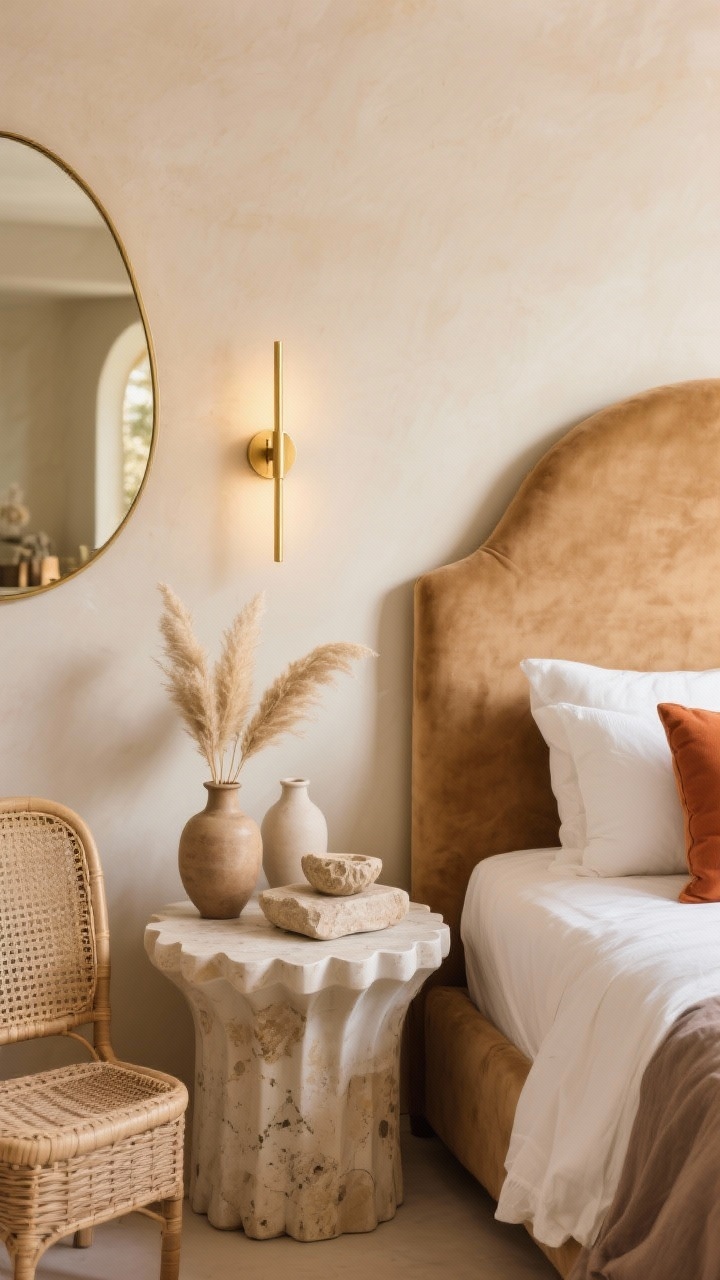 Detail closeup: Desert Siren neutrals focusing on textures and gilded heat—sand-beige wall backdrop with the curve of an upholstered headboard in camel suede; brushed gold slim wall sconce and the edge of an arched mirror catching warm 2700K light; a scalloped side table topped with ceramic vases, pampas stems, and a carved stone catchall; glimpses of rattan and travertine elements, white percale and taupe linen bedding with a terracotta lumbar pillow; soft, sun-warmed neutrals, breezy and quietly rich, photorealistic, no people.