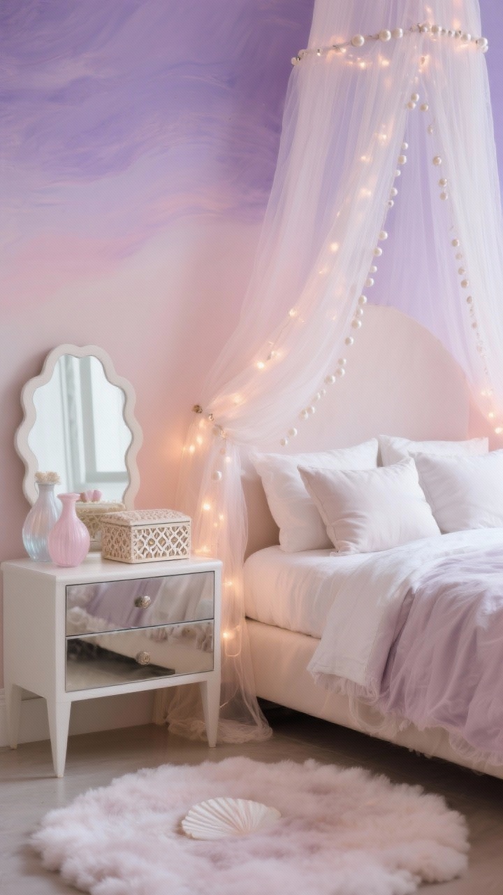 Detail closeup of the bed canopy and nightstand with soft, pearly illumination: gauzy canopy drifting over the bed, pinned with tiny pearl clips and sprinkled with warm fairy lights; background shows a painted ombre feature wall fading from pale lilac to blush; palette of lavender mist, blush shell, and opal white; mirrored nightstand displaying capiz-box keepsakes and pastel glass vases; a delicate scalloped mirror catching and reflecting light; layered silky pillowcases with linen euro shams visible at the frame edge; cloudlike round rug blur in foreground; ethereal, floating mood, photorealistic.