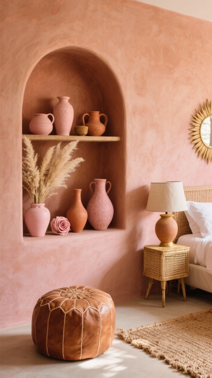 Detail closeup, Rosy Desert Luxe Retreat: An intimate styled shot of an arched niche shelf set into a clay-toned accent wall, holding pottery, pampas grass, and ceramic vases in dusty pinks and terracotta. In soft focus behind, hints of a rose linen headboard and rattan nightstand. Textures: woven jute rug edge, camel leather pouf corner, aged gold accent. Warm natural light, clay table lamp with linen shade glowing softly. Include a subtle reflection of a sunburst mirror. Palette: dusty pink, terracotta, camel, aged gold. Calm, sunlit mood, side angle macro.