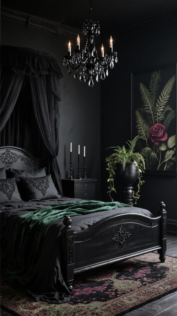 Detail closeup, Soft Goth Sanctuary With Botanical Drama: an intimate vignette of a carved black wood bed with black linen bedding, lace-edged pillowcases, and a deep forest green velvet throw draped over the edge. Inky-black walls with flowing black curtains puddling slightly on the floor in the background. Black chandelier with teardrop crystals and candle-style bulbs softly glinting above, black candlesticks on a nearby dresser edge. Oversized botanical print (ferns or roses) in a black frame partially in view; trailing plant in a matte black pot. Persian-style rug beneath with black, wine, and moss tones. Optional hint of sheer black voile canopy. Soft, romantic lighting, mysterious and feminine, photorealistic macro-texture emphasis.