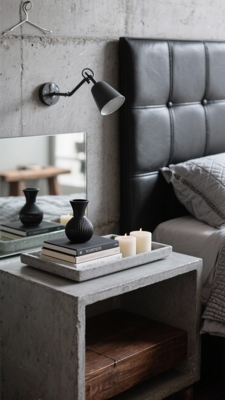 Detail closeup — The Concrete Chic Trap Loft: A photorealistic closeup of a concrete tray vignette atop a smoked mirror nightstand against concrete gray/limewash wall. Items include a matte black diffuser, staggered hardcovers, and minimalist candles; reflections subtly visible in the smoked mirror surface. Background bokeh reveals a black leather headboard with square channeling and pewter linen bedding with a graphite quilt edge; hints of a steel clothing rack and reclaimed-wood bench. Palette is gray, black, espresso wood, micro hits of chrome. Lighting is moody with a directional track light casting soft shadows, industrial yet refined.