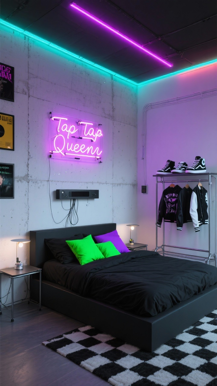 Detail shot, Neon Trap Queen Meets Street-Chic Minimal: A crisp, high-contrast scene featuring a matte black low platform bed against white concrete-gray walls, with black bedding punctuated by neon accent pillows in electric lime and ultraviolet. Above the bed, a custom neon sign (lyrics in cursive) glows; RGB LED strips line the ceiling edge, casting color-shifting light. Industrial metal nightstands hold minimal objects; a steel garment rack showcases a few standout sneakers and a graphic jacket. On the wall, bold typography and framed album covers. On the floor, a black-and-white checkerboard rug. Smart bulbs and a sleek, minimal soundbar are visible with tidy cable management. Photorealistic, edgy, low-light neon ambiance, straight-on close detail.
