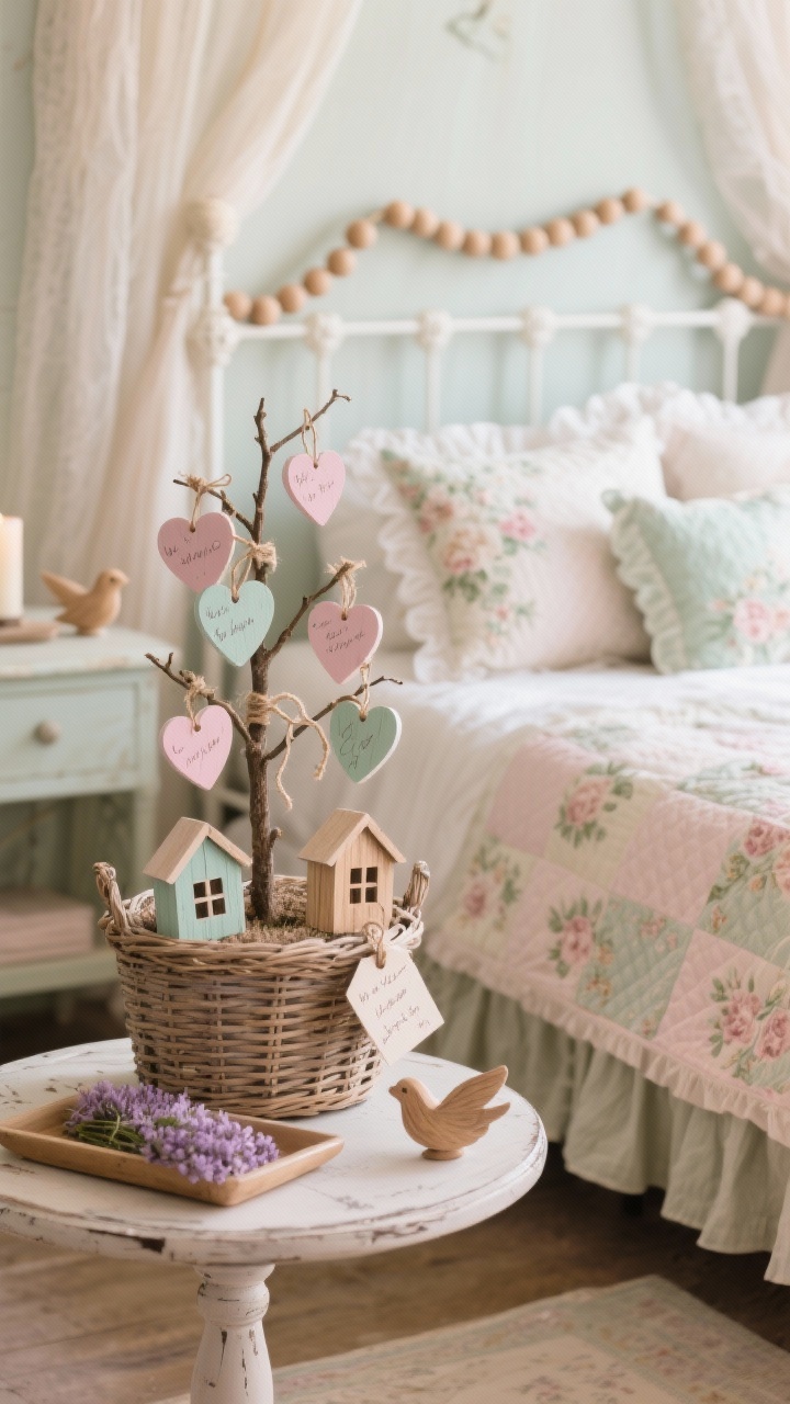 Intimate closeup detail, Romantic Cottage Bedroom: A vignette of a petite table tree in a wicker basket decorated with pastel-painted wooden hearts and tiny wood houses, plus twine-tied tags with handwritten wishes; soft palette of dusty rose, sage, and cream; in the softly blurred background, a white iron bed with floral quilts and ruffled pillow shams, a linen bed skirt, and gauzy curtains pooling on the floor; a wood bead garland draped over the headboard; a nightstand tray with a lavender candle and small wooden dove ornaments; gentle, diffused morning light.