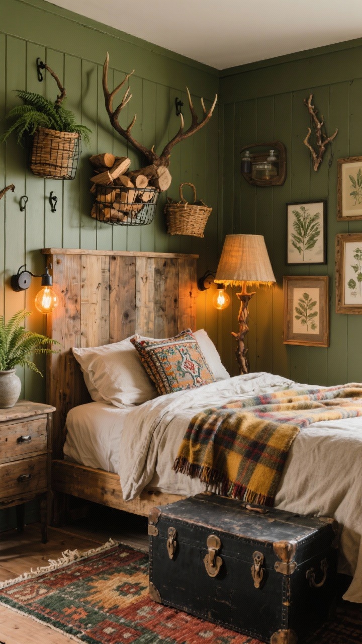 Medium corner angle — Forest Cabin Collector: A cozy bedroom corner with olive-painted beadboard walls and a reclaimed wood bed with a tall plank headboard; flax linen sheets, wool plaid throw, embroidered boho shams; kilim rug in forest, rust, and mustard partly visible; antique trunk at the foot of the bed, blackened iron sconces flanking the headboard, narrow apothecary dresser; twig or antler-inspired hooks on the wall, a wire basket stacked with firewood, fern-filled stoneware planters; botanical prints in mismatched frames and a woven wall basket cluster; warm amber-tinted bulbs and a linen drum shade casting a golden glow; layered, timeworn textures, photorealistic, no people.