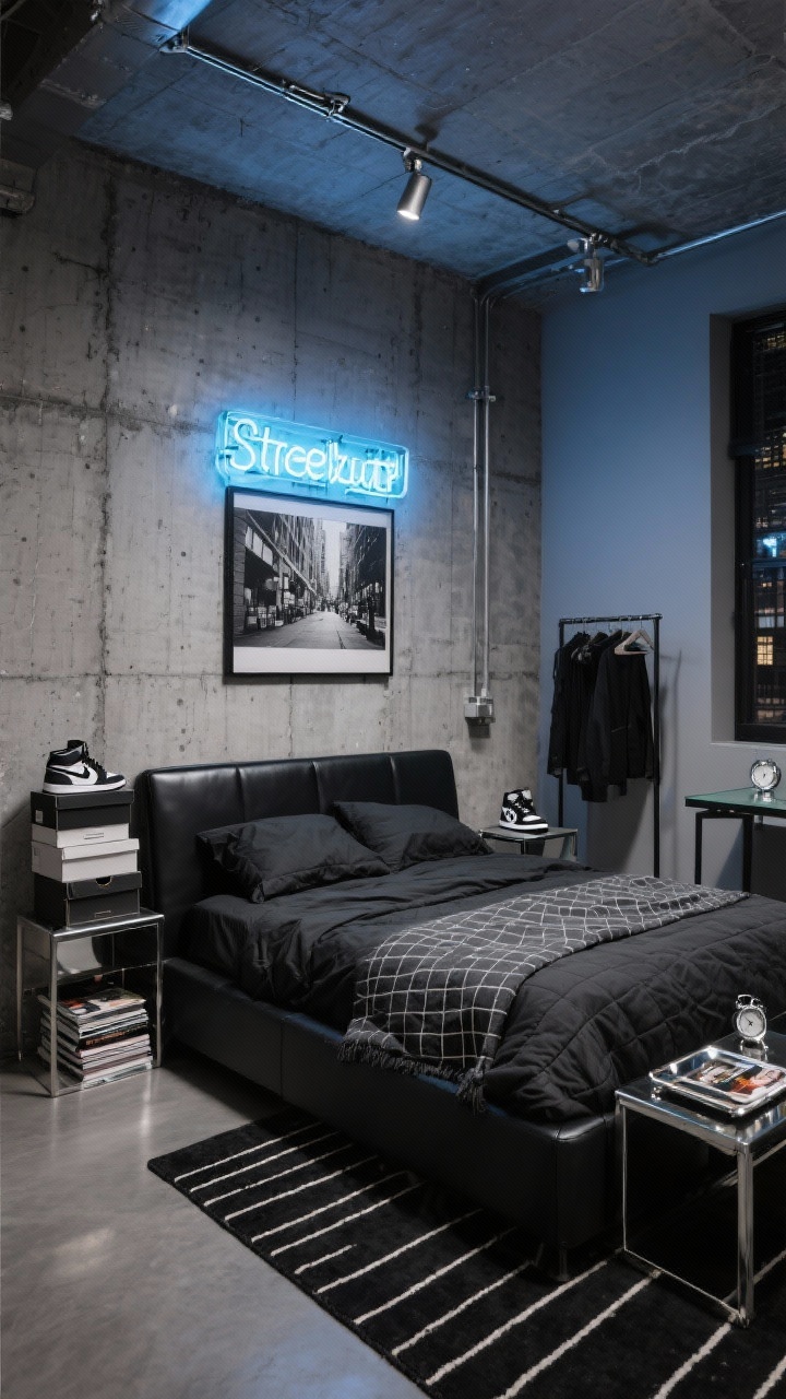 Medium corner angle, Streetwear Loft: Graphite, Chrome, and Neon: an edgy city loft bedroom with one raw concrete wall (or convincing faux-concrete wallpaper) and other walls flat graphite. Low-profile platform bed with simple black leather headboard, dressed in stonewashed black sheets, mid-weight charcoal quilt, and a subtle grid-pattern throw. Industrial metal nightstands, black steel clothing rack, minimal glass-topped desk. Ice-blue neon sign over the bed glowing, adjustable track lighting on the ceiling. Framed black-and-white street photography on the wall, a stack of sneaker boxes used as a side table. High-contrast black rug with thin white stripes, chrome accessories: mirrored tray, metallic alarm clock, glossy magazine stacks. Nighttime urban mood, photorealistic.