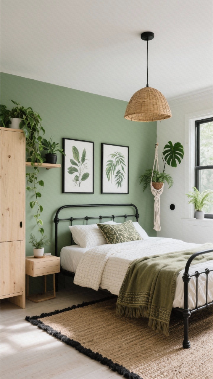 Medium, corner perspective of a botanical retreat bedroom with sage green walls and crisp black accents: streamlined black metal bed frame layered with creamy textiles (ivory waffle duvet, batik pillows, olive throw); rattan pendant light overhead; plants as decor—a trailing pothos on a wall-mounted shelf, rubber plant by the window, petite fern on the nightstand; oversized botanical prints in black frames on the sage wall; natural jute rug bordered with black cotton under the bed; light ash wood wardrobe adding airiness; subtle macramé plant hanger near the window; matte black knobs on cabinetry; soft morning natural light, photorealistic.