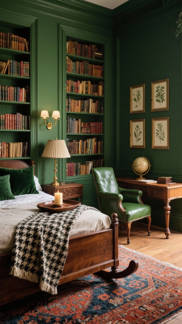 Medium corner reading/library shot — The Dark Academia Baddie Library: Forest green walls with semi-gloss trim, a walnut sleigh bed layered with linen sheets, velvet euro shams, and a houndstooth throw folded across the foot, plus a wool throw. Vintage rug with paprika and indigo tones warms the floor. Tall bookcases filled with hardcovers, a leather club chair beside a writing desk with turned legs. Green banker’s lamps and a pleated shade on the nightstand; picture lights illuminating brass-framed botanical prints. An antique globe and carved wood tray styled on the desk. A tobacco-vanilla candle flickers, creating scholarly, intimate warmth; straight-on view emphasizing symmetry and rich textures.