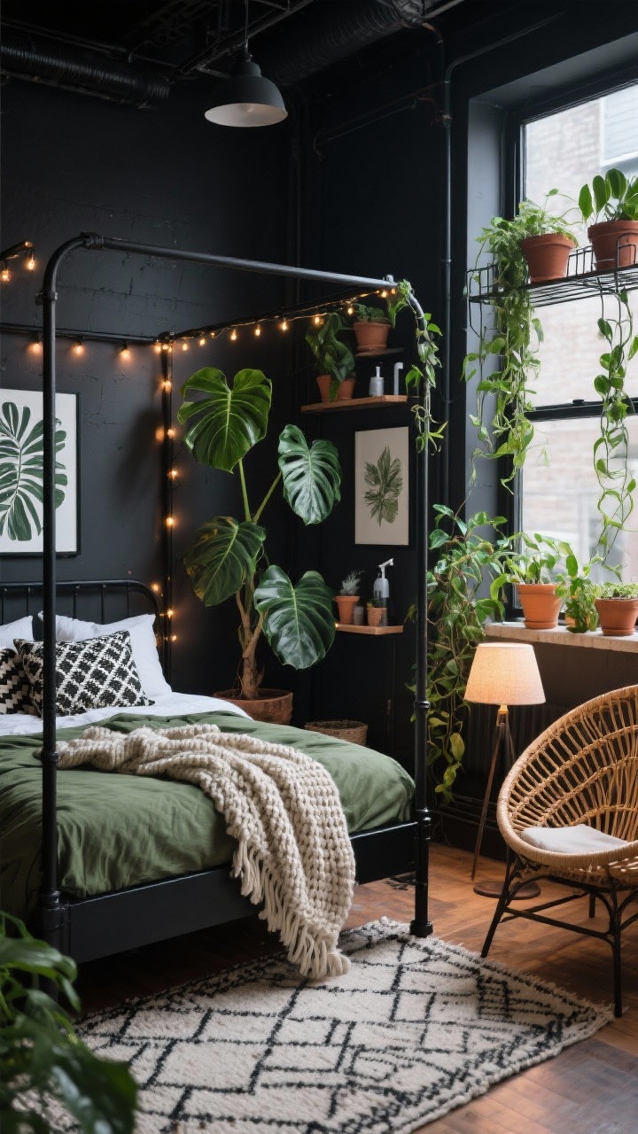 Medium corner shot: An Urban Jungle Loft with a charcoal accent wall behind a black metal canopy bed wrapped with warm fairy lights. Olive duvet, mixed block-print and ikat pillows, and a chunky knit throw. Plants as architecture: tall monstera and ficus lyrata anchoring the corners; a trailing philodendron draped over a window rod; sill lined with pothos and peperomia. Industrial wire shelves holding terracotta pots and plant misters, a black-and-cream flatweave rug, oversized botanical prints in thin black frames, and a rattan egg chair with a linen-shaded floor lamp. Photorealistic, moody contrast, angled corner perspective, evening ambient glow plus lamp light, no people.