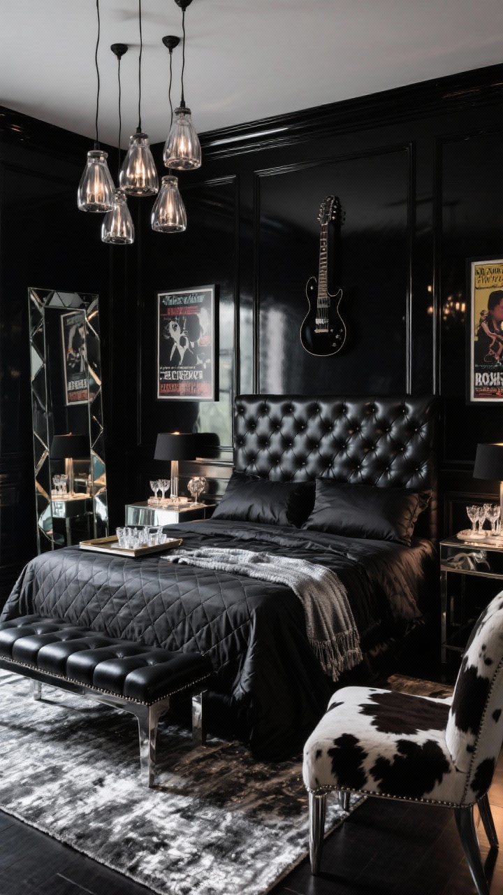 Medium perspective with reflective drama, Rock Star Mix: Leather, Mirror, and Smoke: bedroom with black lacquer trim and slightly warmer black walls for depth. Bold tufted black leather headboard, silk-blend sheets, quilted black coverlet, metallic graphite throw catching light. Mirrored nightstands flanking the bed, black piano bench at the foot, chrome-frame accent chair upholstered in cowhide or boucle. Smoked glass pendants hanging low over each nightstand on dimmers, creating moody glows. Vintage concert posters in black frames, wall-mounted guitar, tray with cut crystal glasses sparkling. Black-and-silver rug that picks up light, tall standing mirror with beveled edges reflecting the scene. Backstage, swagger-heavy vibe, photorealistic.