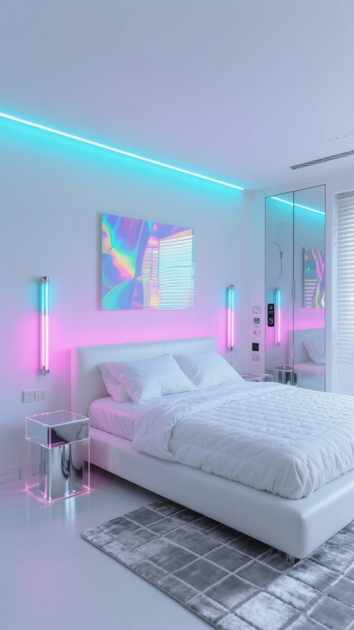 Medium shot, angled toward the bed wall: Cyber Neon Luxe bedroom with cool white walls and a halo LED strip behind the headboard washing the wall in a cyan-to-magenta gradient; sleek low platform bed dressed in white microfiber and a high-shine quilt; acrylic cube nightstand and chrome pedestal on either side; RGB tube lights/orb sconces shifting colors; low-pile silver rug with a geometric grid; iridescent panel art and holographic film accents; mirror-finish wardrobe reflecting the glow; smart, cable-hidden look with wireless chargers and smart blinds; futuristic, music-video ambiance, photorealistic, no people.
