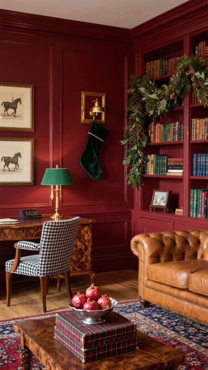 Medium shot, Equestrian Study With Christmas Quiet Luxury: A study with rich paneled walls or deep oxblood paint, a Persian-style rug in burgundy and navy, a caramel leather Chesterfield sofa, and a houndstooth wingback chair. Decor includes a dark green velvet stocking hung from a brass picture light, a cedar and bay leaf garland draped over a built-in bookcase, and framed vintage horse prints. On the burled wood desk: a green-shaded banker’s lamp, a silver bowl filled with pomegranates, and a neat stack of Ralph Lauren tartan boxes for storage. Palette of oxblood, camel, evergreen, navy, with brass accents; materials of leather, wool, velvet, and burled wood. Warm, library-like lighting, three-quarter corner angle.