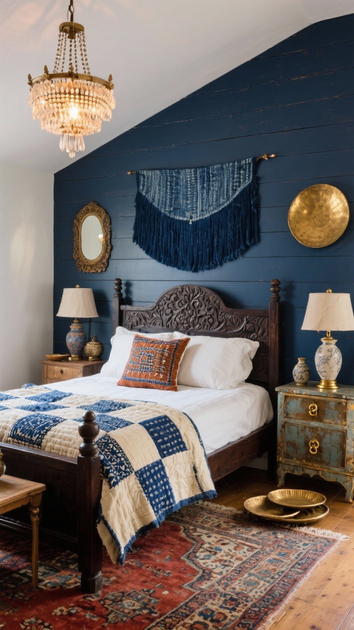 Medium shot focused on the bed wall, Vintage Indigo Bazaar: navy shiplap accent wall behind a carved dark-wood bed frame layered with kantha quilts, block-printed pillows, and a cream-and-indigo mudcloth lumbar. Flank with mismatched vintage nightstands, antique brass hardware, and ceramic lamps with linen shades. On the floor, glimpse a vintage Persian rug with faded reds and blues. Add an indigo-dyed wall hanging, a brass mirror, hammered trays on a nightstand, and a beaded chandelier above for handcrafted glow. Palette: navy, indigo, rust, cream, patina’d brass. Photorealistic, angled corner perspective, warm chandelier light.