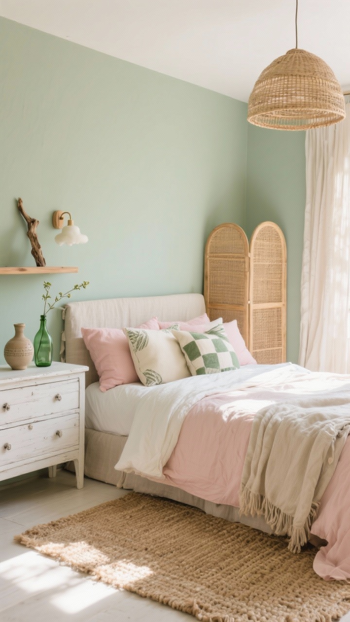 Medium shot from a bright corner angle: An airy, sunlit boho bedroom with soft sage green walls and blush cotton bedding on a linen slipcovered headboard. Piled pillows in blush, cream, and sage block prints. A chunky jute area rug grounds light, natural textures. A whitewashed dresser with a vintage green glass bottle and ceramic bud vases, a cane-front wardrobe, and a floating wood shelf replacing a nightstand styled with driftwood accents. Lighting includes a woven dome pendant overhead and a petite alabaster sconce casting a cloudlike glow. Linen curtains pooling slightly on the floor add breezy softness. Photorealistic, morning light.