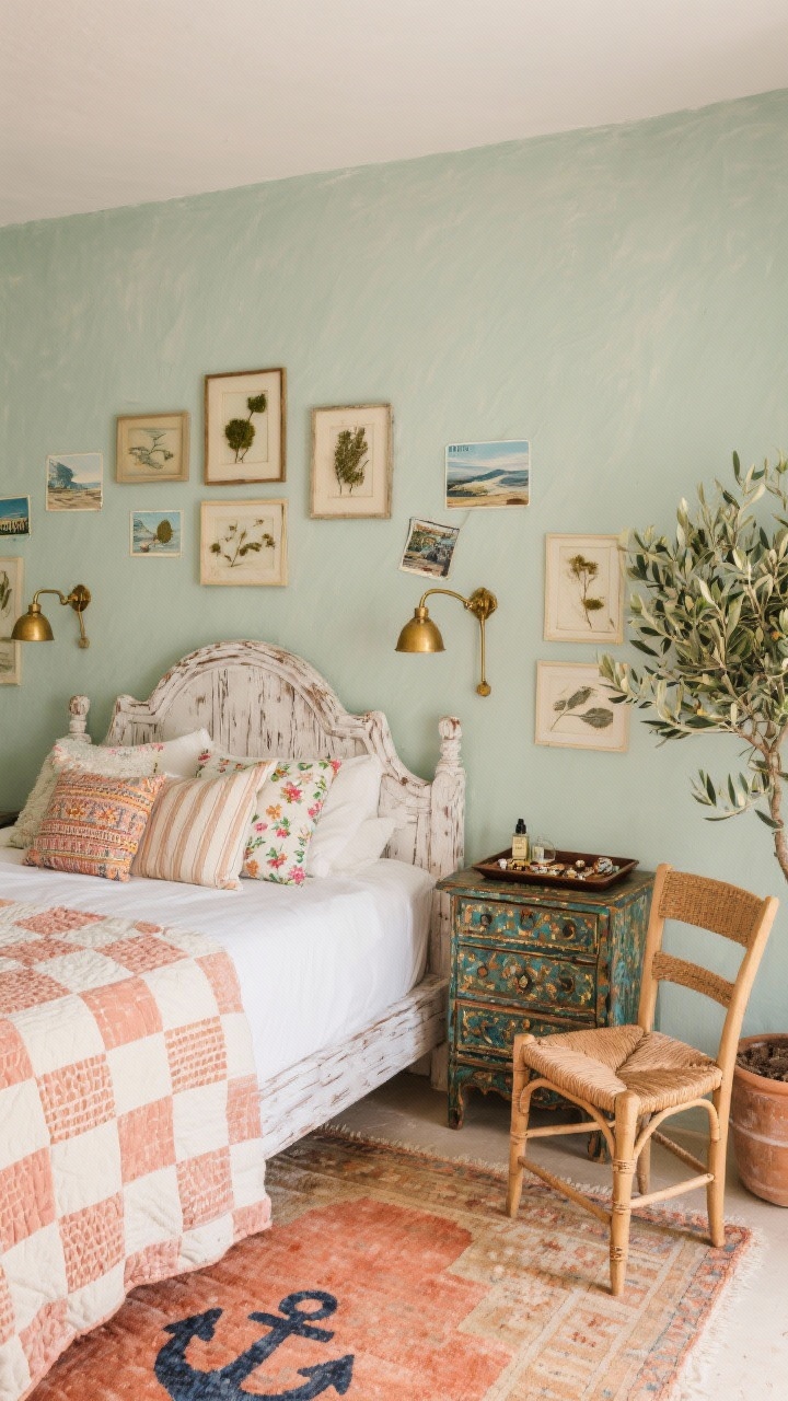 Medium shot from a corner angle, Sun-Faded Color & Collected: A pale sage wall behind a carved wooden bed with whitewashed edges. Bedding layered with a crisp white duvet, a block-printed quilt in dusty coral, and mix-and-match pillows with kantha stitches, soft stripes, and small florals. At the side, an antique dresser with a lacquer tray for jewelry and perfumes, and a rattan chair. On the wall, a gallery of small coastal sketches, framed pressed seaweed, and travel postcards. Brass swing-arm sconces provide warm reading light. A warm-toned vintage rug washed in coral, terracotta, and stormy blue anchors the scene. A potted olive tree adds breezy greenery. Photorealistic, lived-in, sun-faded palette.