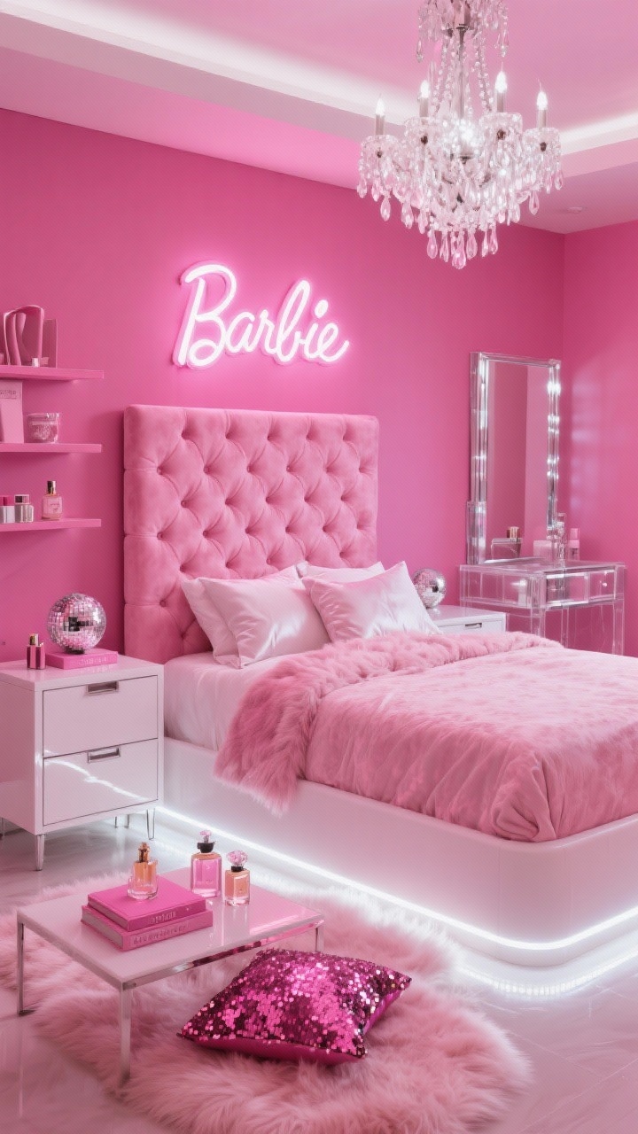 Medium shot, Hot Barbiecore Glam Suite: A glam vignette featuring a tufted bubblegum-pink velvet bed with a tall headboard against hot pink walls. White lacquer nightstands and a mirrored vanity reflect a neon word sign over the bed and a crystal chandelier sparkling above. A lucite dresser sits to one side. Textiles include satin pillowcases, a fluffy faux-fur rug edging into frame, and a sequin accent cushion. Style details: perfume bottles, pink coffee table books, and a small disco ball on shelves. Strip LED lights glow under the bed for runway ambiance. Palette: hot pink, white, silver chrome, neon accents. High-gloss, evening scene, three-quarter angle.