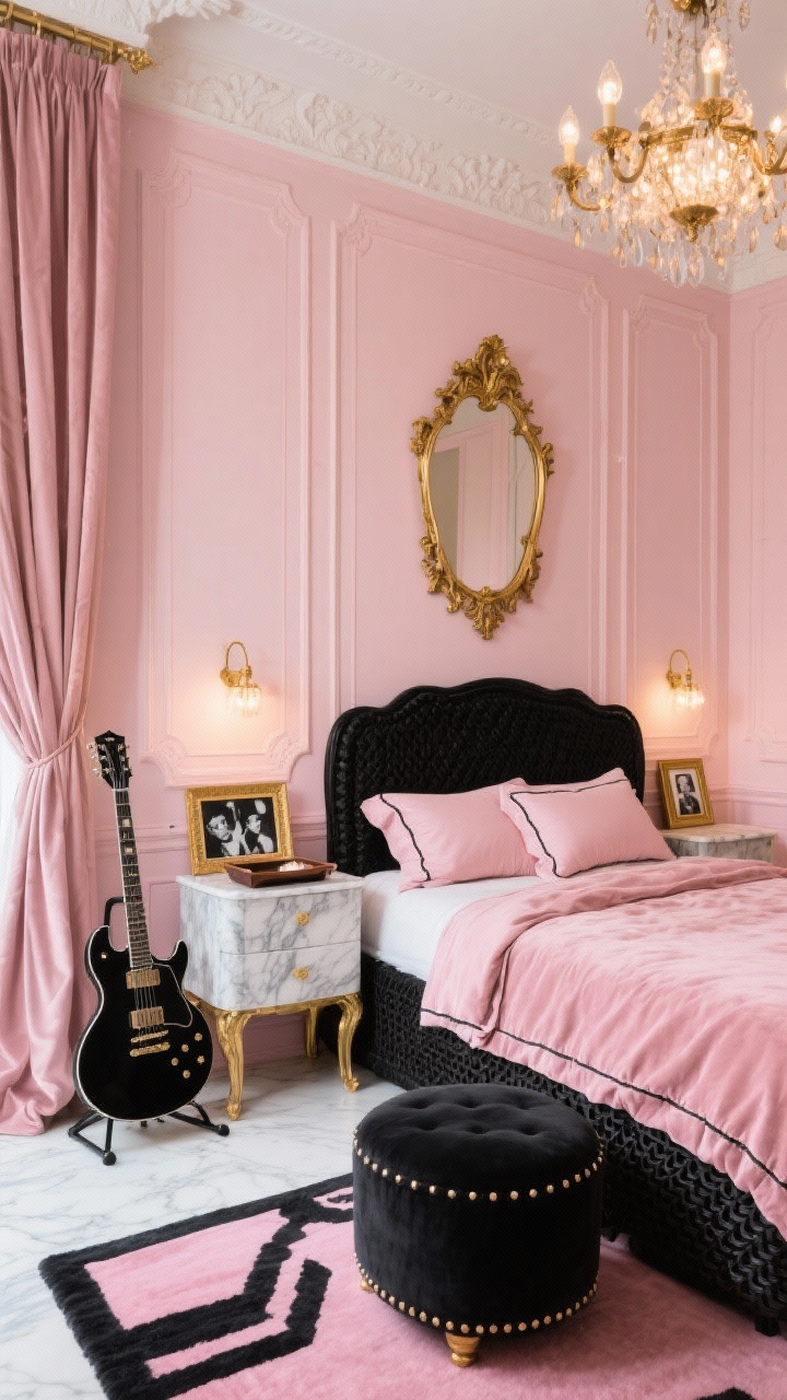 Medium shot, Parisian Pink Boudoir With Rock ’n’ Roll Edge: A refined scene with pale pink paneled walls, crown molding, and a black-and-gold palette. A black caned bed dressed in blush velvet bedding with contrasting piped pillows sits before a vintage pink-and-charcoal rug. A marble-topped nightstand holds a leather catchall tray; gold picture lights illuminate framed black-and-white photography. A gilded chandelier sparkles overhead, while a baroque mirror hangs above a slim console used as a vanity. Rock edge details: matte-black guitar stand and a studded ottoman. Silk curtains puddle at the floor. Palette: powder pink, black, antique gold, marble white. Warm layered lighting, straight-on composition.