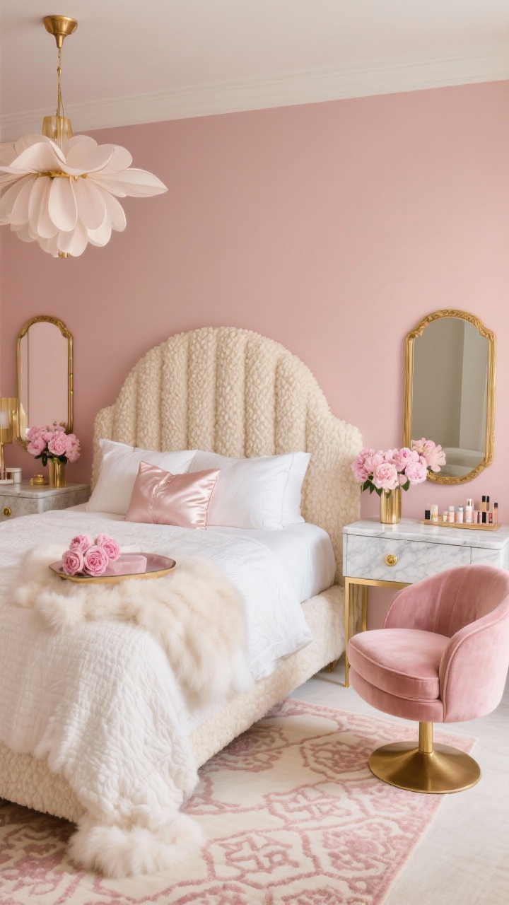 Medium shot, Pink Power Luxe With Gold Accents: A feminine yet powerful vignette of a dusty blush wall behind a cream bouclé bed with an arched headboard, bright white bedding topped with a rose satin coverlet. Fluted nightstands with brushed gold knobs, slim gold-frame mirrors leaning nearby, and a marble-top vanity glinting softly. A petal-shaped statement chandelier spreads airy light. A blush velvet swivel chair with a gold base sits to the side; on the floor, a cream-and-blush Moroccan patterned rug. Textiles include satin pillow shams, a faux fur throw, and a fluffy cloud duvet. Styled with a rose quartz tray, pink peonies, and neatly arranged beauty products. Photorealistic, warm glam, three-quarter corner angle.
