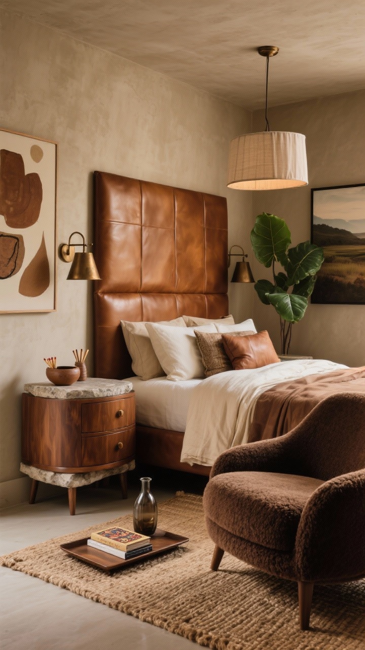 Medium shot, Rich Espresso Cocoon With Bronze And Leather: A serene, quiet-luxury corner with warm tobacco limewash walls enveloping a cognac leather paneled headboard. Linen bedding layered in sand, cream, and mocha tones creates tactile depth. A walnut dresser with rounded edges sits beside stone-topped nightstands; a curved bouclé lounge chair anchors the seating area. Lighting features oil-rubbed bronze swing-arm sconces and a linen drum pendant casting soft, flattering illumination. On the floor, a flatweave jute rug layered with a small vintage Persian. Art includes earthy abstracts and one oversized landscape. Details: a leather catchall, ceramic match striker, and a smoked-glass carafe on a low tray with hardcover books; a dark green fiddle leaf fig adds life. Photorealistic, cocooning warmth, corner angle.