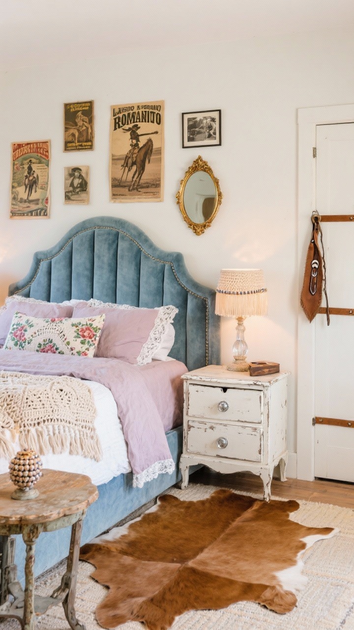 Medium shot, Vintage Rodeo Romantics: Flirty, romantic boho western palette of cream, faded denim, soft mauve, and saddle tan. Curved upholstered headboard in dusty blue velvet as the focal point. Bed styled with crocheted throws and lace-edged pillowcases, plus a floral chintz bolster. Distressed white dresser with glass knobs opposite the bed, above it a gallery wall of vintage rodeo posters, sepia photos, and a small oval gilded mirror. Floor layered with a tan cowhide rug over a soft cotton flatweave. Bedside mismatched antique tables topped with bead-fringe lampshades casting a warm glow. A leather strap pull on the closet door and a bolo tie hanging casually on a hook. No people, photorealistic, slight diagonal angle.