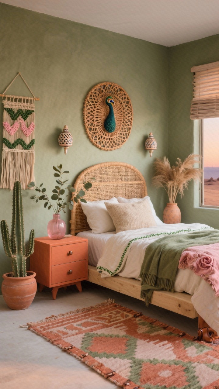 Medium-wide shot, corner angle: A serene desert-inspired boho bedroom with a matte sage wall and terracotta accents. A rattan peacock headboard framed by pierced ceramic sconces. Bedding features a rose-washed duvet with olive stitched details, textured cream pillows, and a sage throw. Terracotta-painted nightstand and a light-oak dresser with leather pulls; low platform bed for an airy feel. Clay pots with cacti, eucalyptus stems in a blush glass vase, and a woven wall hanging in greens and pinks. Flat-weave rug in terracotta, blush, and sage geometric motifs. Linen Roman shades and a floor vase filled with dried palms. Warm, soft evening light; photorealistic.