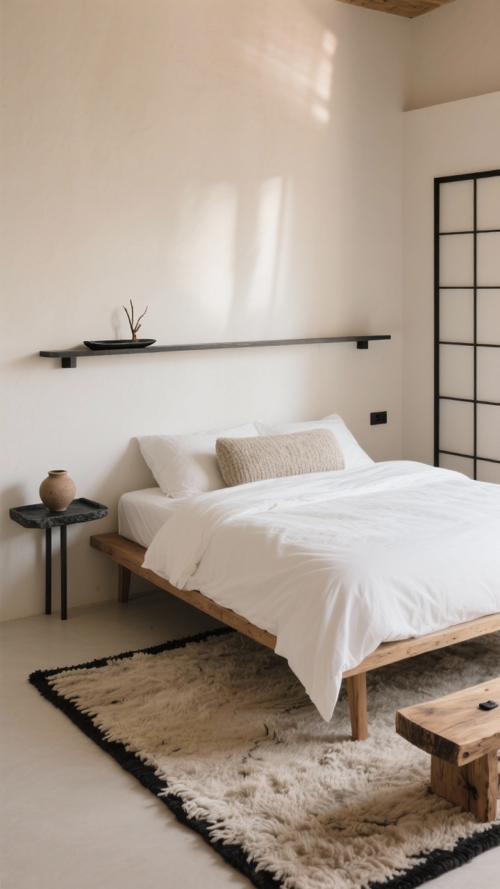 Overhead detail — Minimal Rustic Zen: A serene vignette of a low Japanese-inspired platform bed with monochrome ivory linen duvet, thin cotton coverlet, and a single textured bolster; chunky undyed wool rug with a simple black border beneath; two-legged wall-mounted night shelf holding a black stone tray with palo santo and one sculptural clay vessel; nearby live-edge bench edge visible; matte black hardware accents and a slim black metal wardrobe rail at frame edge; limewashed walls in bone and warm sand tones; soft diffuse daylight with calm shadows, minimalist rustic-zen mood, photorealistic, no people.