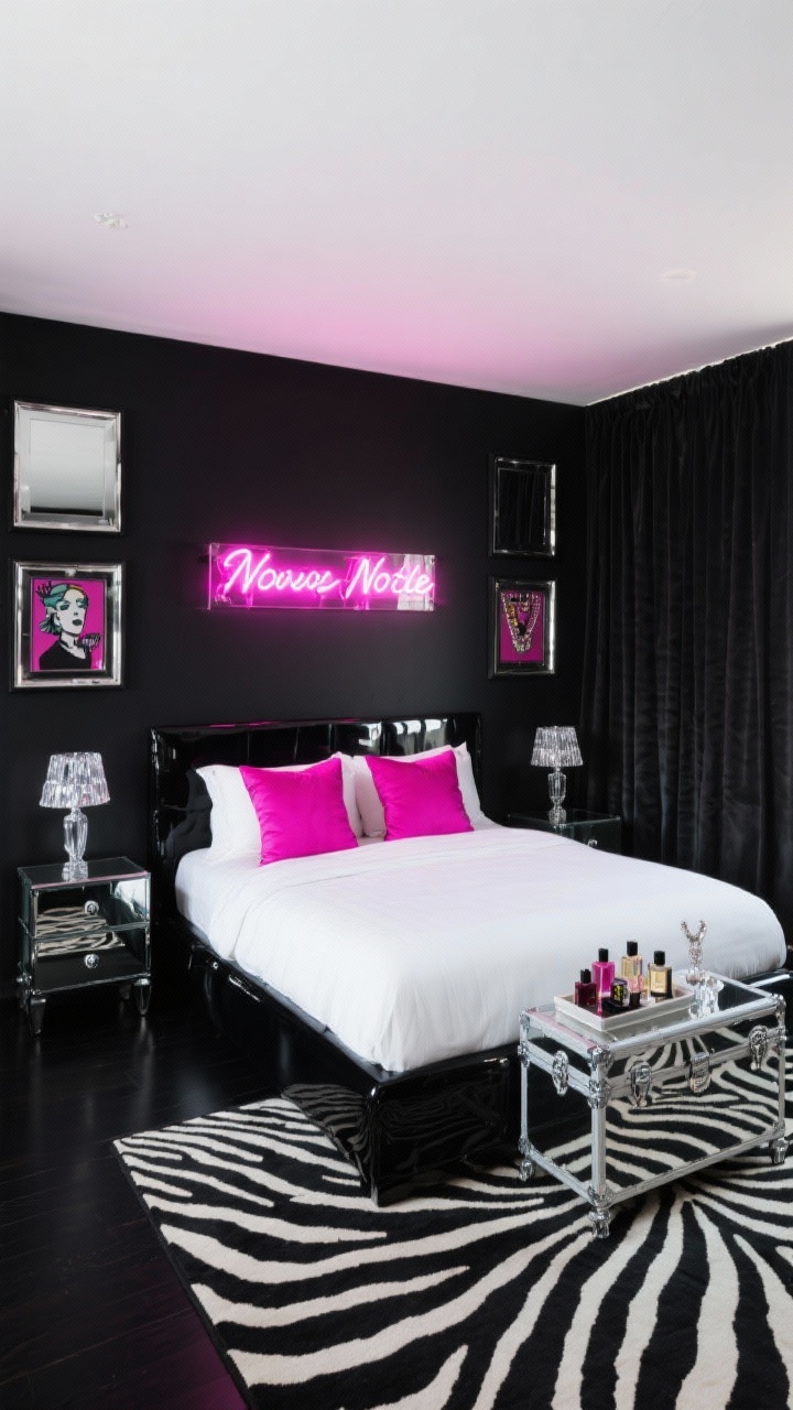 Overhead/detail plus partial wide hybrid — The Neon Noir Glam Den: Matte black walls with a crisp white ceiling; a mirrored/high-gloss black bed dressed in bright white bedding, two oversized euro pillows in hot magenta. A custom LED neon sign with a short phrase in a clean font glows above the headboard, casting neon magenta light. Glossy nightstands with chrome pulls hold crystal lamps for sparkle. Zebra or black-and-white striped rug graphic under the bed, visible from the top-down angle. Pop art prints in chrome frames arranged symmetrically on the wall. An acrylic trunk at the foot styled with a mirrored tray of perfumes and a jewelry stand. Floor-to-ceiling blackout panels with a subtle sheen. Lighting is dim, neon and crystal reflections creating a moody, music-video vibe.