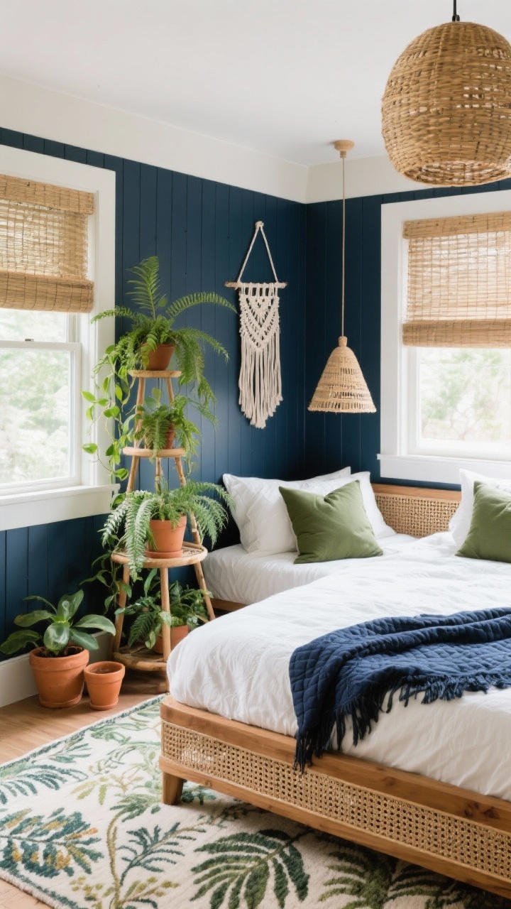 Overhead detail shot, Botanical Boho Haven vignette: corner of navy paneling with a caned wood bed edge, crisp white linens topped with sage and olive pillows and a folded navy quilt. Nearby, a rattan pendant casts gentle natural light; a tiered plant stand with trailing pothos and ferns, plus a macramé plant hanger near the window. Include a botanical-print rug pattern peeking through, terracotta pots, and a small macramé wall hanging. Palette: navy, sage, olive, warm oak, cream. Photorealistic, daylight filtering through woven Roman shades, fresh, airy mood, no people.