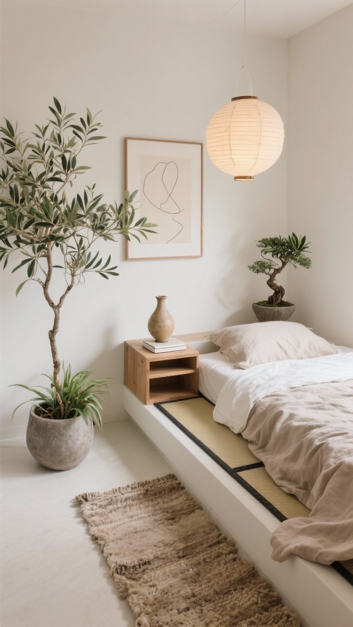 Overhead detail shot: Minimal Zen Boho Nook focusing on tonal layers and sculptural greenery. Warm whites, mushroom beige, and soft taupe palette across a linen duvet on a low platform tatami-style bed. An undyed wool/cotton rug grounding the space. On a floating wood ledge nightstand: a ceramic carafe and a single book, with wabi-sabi pottery and a minimalist abstract line drawing on the wall below the frame edge. Plants kept minimal: a statement olive tree or ficus alii near the bed, a tabletop bonsai-inspired ficus, and a ZZ plant in a matte stone pot. Paper lantern pendant casting diffused warm light. Photorealistic, serene, soft shadows, no people.