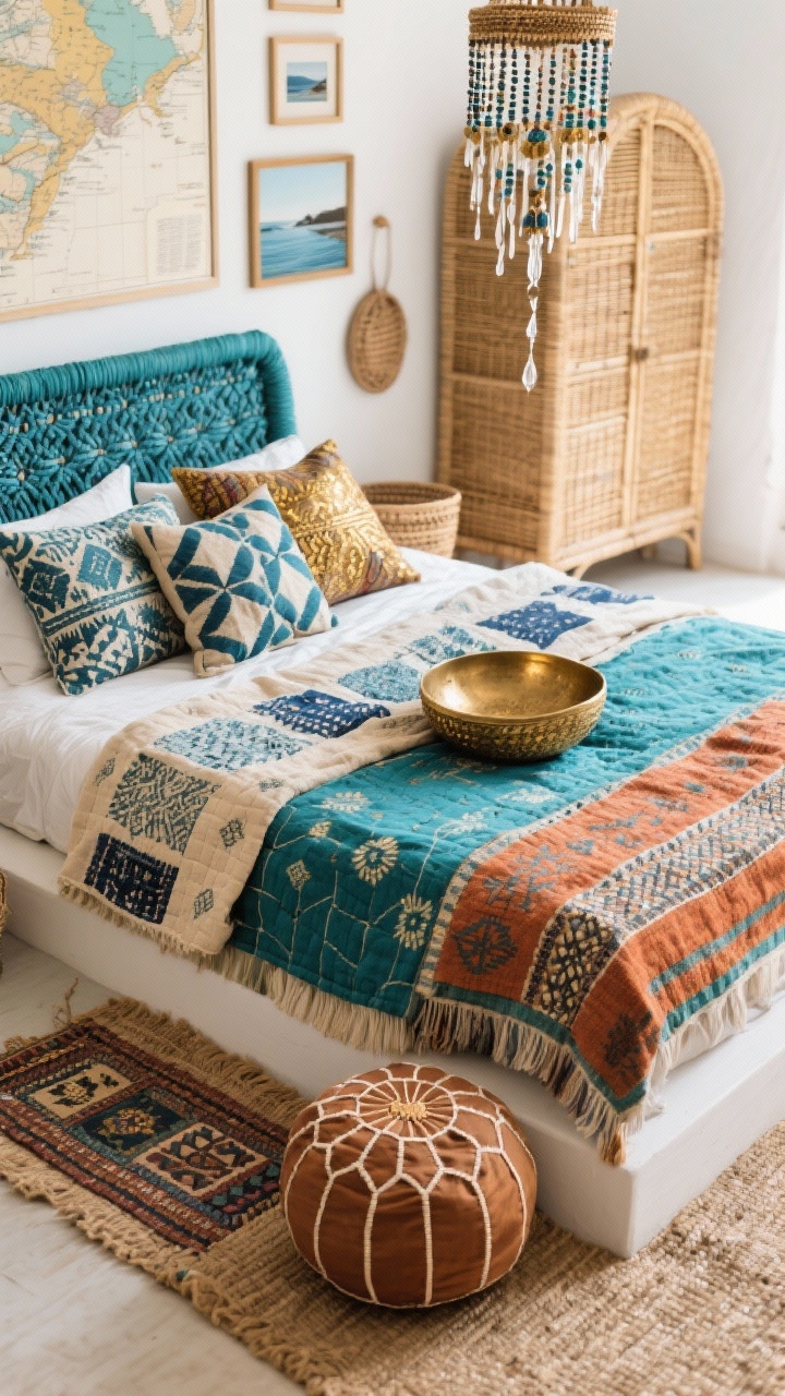 Overhead detail shot of layered textiles and global accents on a low platform bed: teal-and-indigo woven headboard partially visible at top edge; eclectic mix of block-printed quilts and kantha throws in indigo, teal, sand, and terracotta with hints of gold; batik pillows scattered; brass bowl and woven wall basket set on rattan wardrobe in background blur; beaded chandelier strands entering frame like dripping water; Moroccan pouf at foot of bed; jute base rug with a patterned runner layered on top; framed maps and coastal photography edges peek from wall; bright but soft natural light, boho wanderlust energy, photorealistic.