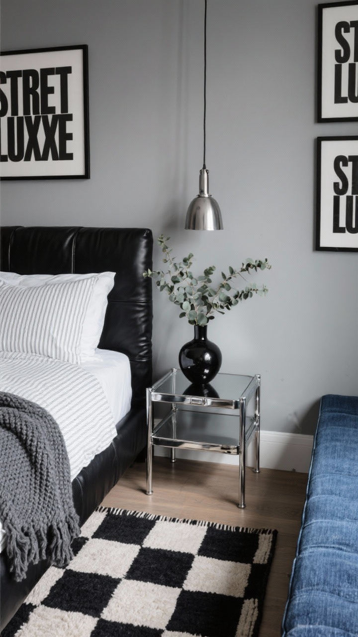 Overhead/detail shot, Street Luxe Mix materials and styling: cool gray wall backdrop partially visible with a tight crop of a black faux-leather bed corner layered with crisp white sheets, a pinstripe duvet, and a graphite knit throw. On one side, chrome nesting tables used as nightstands with a brushed steel task pendant edge entering the frame. A checkerboard wool rug pattern beneath, plus a matte black vase with a spray of eucalyptus softening the metal. Hints of denim-blue from a nearby denim-upholstered bench at the frame edge, and black frames with bold typographic art glimpsed on the wall. Urban, curated, chrome sheen, photorealistic.
