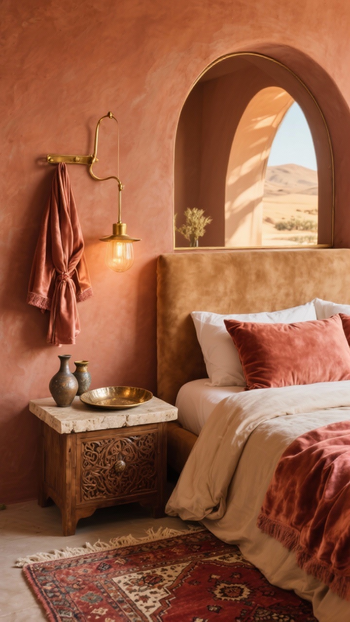 Photorealistic closeup detail shot capturing Desert Rose Opulence textures: terracotta/clay-toned wall behind a camel suede headboard; sand-colored linen bedding layered with a rust duvet and rose velvet Euro shams; arched brass sconce glowing warmly; carved wood nightstand holding a hammered metal tray with ceramic jugs and a travertine tray; edge of a Moroccan-style rug in muted reds and creams peeking in; a rose silk robe draped over a brass hook and the curve of a large arched mirror nearby reflected softly; warm, sun-drenched lighting with brass and burnished finishes emphasized; tight composition, angled from bedside.