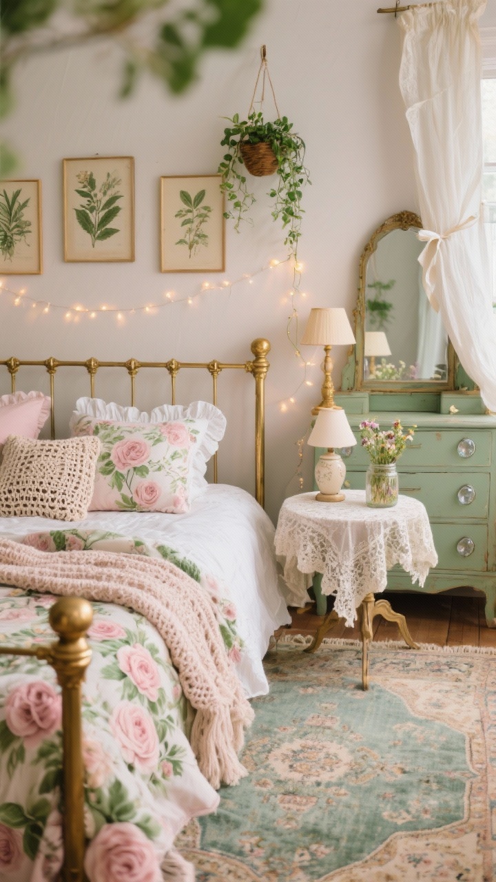 Photorealistic closeup/detail shot from bedside height, focusing on cottagecore boho textiles and vintage florals: the brass bed edge dressed with a floral duvet in soft pinks and moss greens, layered crocheted throws, and ruffled pillow shams. In the blurred background, a faded rose Persian rug peeks out, and a painted sage dresser with glass knobs sits beneath a vintage vanity mirror. Over the headboard, a trio of botanical prints; hanging planters with trailing greenery in the corners. Soft, gauzy white curtains tied back with ribbon filter gentle light; a thrifted lace tablecloth on a small side table holds a dainty ceramic lamp and a jar of wildflowers. Palette: blush, moss, cream, antique gold; lighting: soft lamps and fairy string lights over the headboard; romantic, whimsical mood; no people.