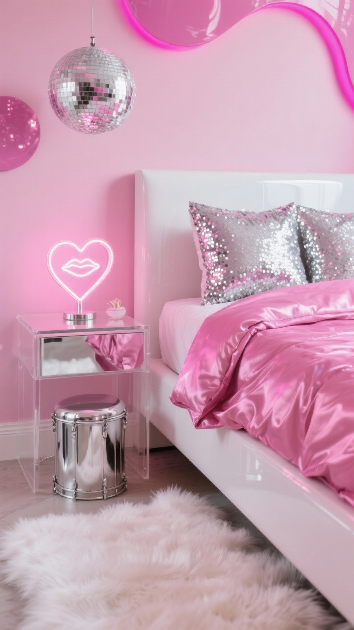 Photorealistic detail closeup, Barbiecore Pop With Edge: glossy pink satin duvet with two silver sequin pillows catching sparkle; backdrop of a soft bubblegum pink feature wall with hints of hot fuchsia accents; edge of a white lacquer minimalist bed frame visible; clear acrylic nightstand holding a heart-shaped lamp and a small neon lip light reflection; chrome vanity stool leg glinting; fluffy white faux fur rug at the bedside; a sliver of metallic silver drum-shaped side table peeking in; playful but polished mood with subtle disco-ball pendant reflections, shallow depth of field.