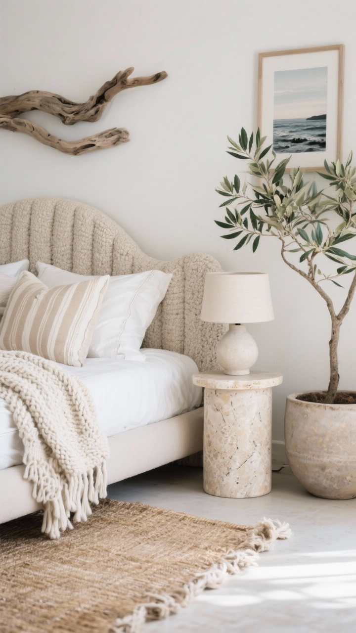 Photorealistic detail closeup, “Coastal Boho with Sculptural Neutrals”: focus on a curved upholstered headboard in boucle/linen with layered white and oat bedding, a chunky knit throw, and sandy stripe pillows; background hints of limewash misty white wall; foreground edge of a travertine drum side table holding a plaster table lamp; soft daylight, airy coastal mood; blurred jute/seagrass rug bordered with cotton visible at the bottom; minimal coastal photograph and driftwood wall sculpture subtly in frame; simple greenery—leafy branch of a large olive tree or snake plant in a stone pot peeking in; tonal, sculptural textures emphasized.