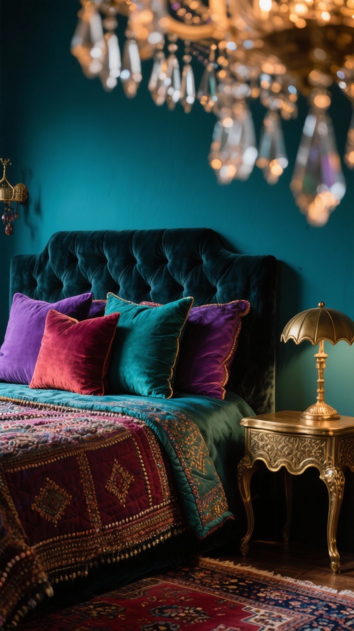 Photorealistic detail closeup, “Gypsy Luxe With Jewel Tones,” captured at a slight angle from the bedside: deep teal accent wall behind a charcoal velvet upholstered headboard; a tight crop of jewel-toned pillows in amethyst, garnet, and emerald layered against the headboard; edge of a silk kantha quilt showing fine stitching; antique brass scalloped nightstand partially visible with an arched brass table lamp; out-of-focus hints of a Persian-inspired rug in burgundy and navy below; beaded chandelier prisms catching a soft, warm glow; luxe materials—velvet, silk, brass, inlay—highlighted; moody, intimate evening lighting, no people.