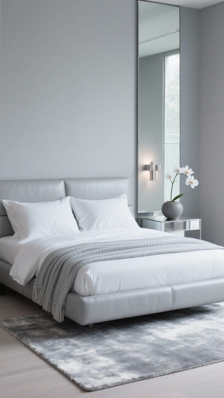 Photorealistic detail closeup, ice queen minimal textures: low platform bed in light gray leather with tailored icy white and pale smoke bedding; silk pillowcases and a micro-rib throw draped neatly; cool platinum gray wall reflected in a floor-to-ceiling mirror at the edge of frame; brushed nickel sconce casting soft uplight; a mirror-finished nightstand holding a matte ceramic vessel with a single orchid stem; hint of a low-pile silver ombré rug below. Cool, crisp lighting with soft highlights and minimal shadows, pristine surfaces, no people.