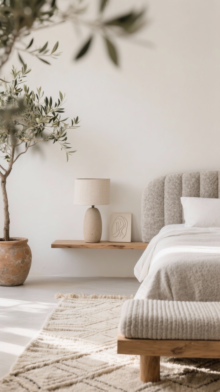 Photorealistic detail closeup, Modern Organic Boho materials vignette: softly curved upholstered bed in pebble-gray bouclé at the edge of frame, ribbed wood bench in front with visible ribbing, ceramic cylinder lamp base with linen shade, floating oak shelf acting as a nightstand holding a minimalist plaster relief artwork and a small line drawing; flatweave tone-on-tone cream rug with subtle geometric pattern beneath; warm white wall background; an olive tree in a rough clay pot blurred in the background for depth; palette of ivory, putty, clay, and light ash; soft natural daylight with gentle shadows; tight composition focusing on textures